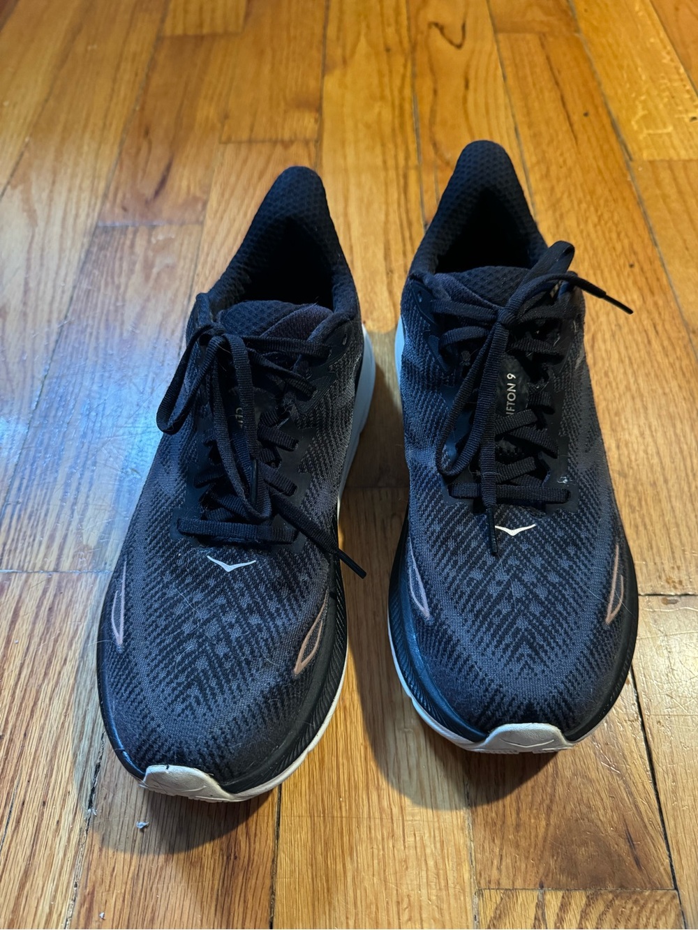 Hoka WOMENS size 9.5 Clifton 9 Black/Rose Gold sneakers